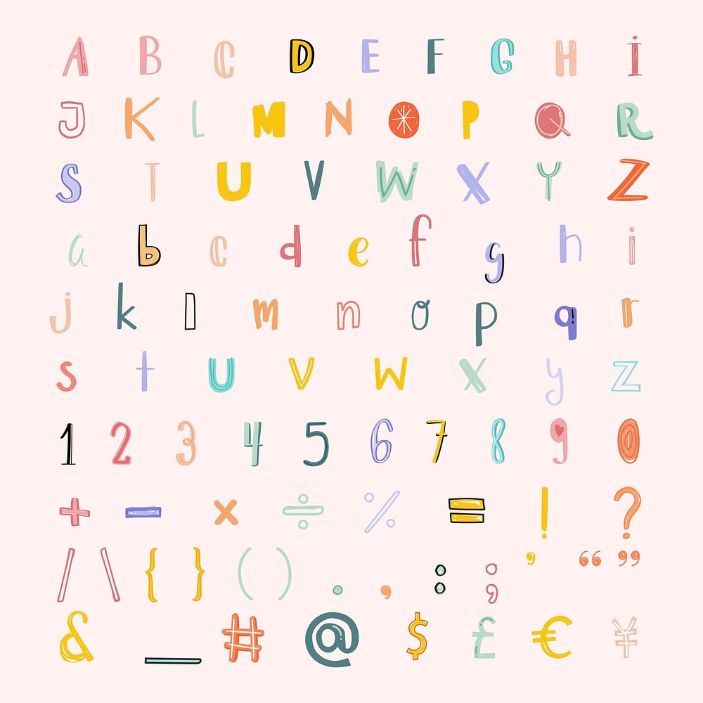 Alphabet numbers punctuations vector doodle font pastel set