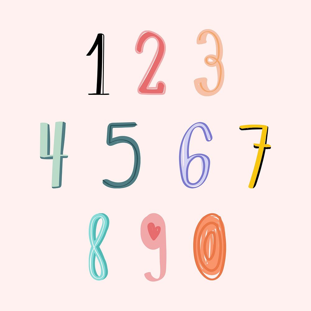 Pastel numerical doodle font hand drawn set