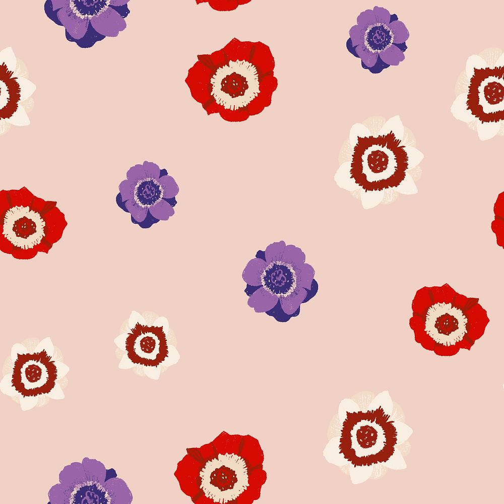 Colorful anemone floral pattern on nude pink background