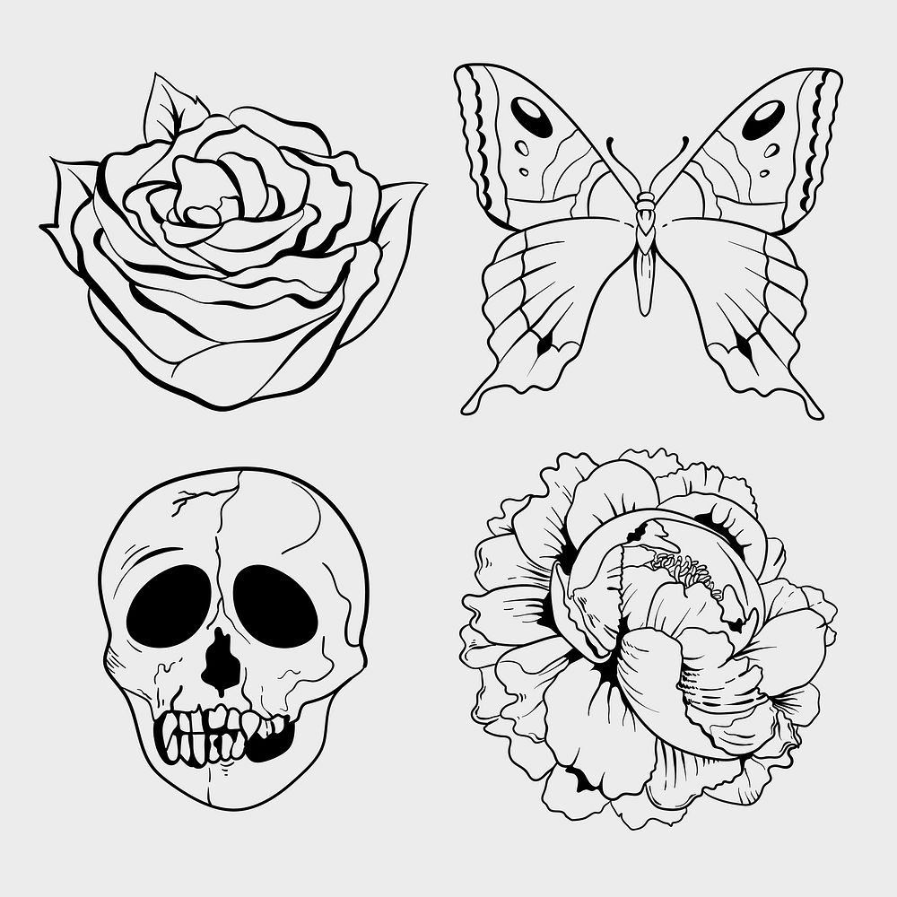 Old school flash tattoo vintage outline psd symbol collection