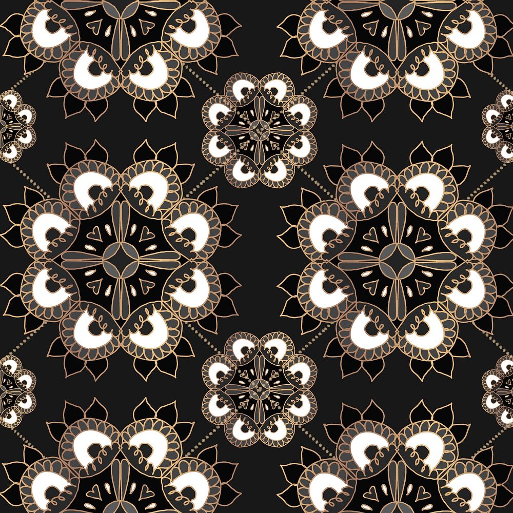 Mandala black seamless pattern vector floral background
