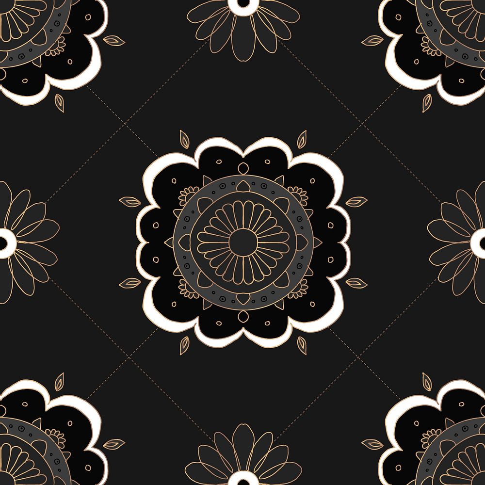 Mandala black seamless pattern vector botanical background