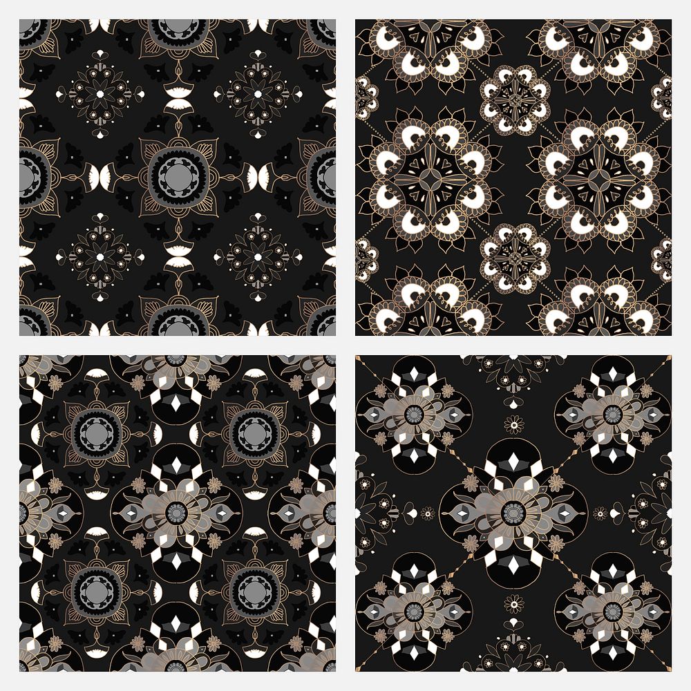 Oriental Mandala black tile vector pattern background set