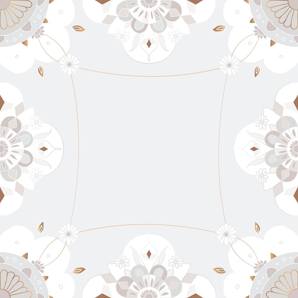 Indian Mandala pattern border frame gray botanical background