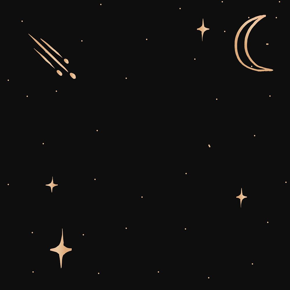 Gold comet moon cute doodle border galaxy on black background