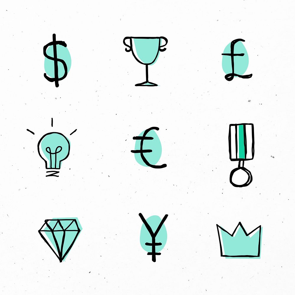 Green psd currency symbols icons doodle set