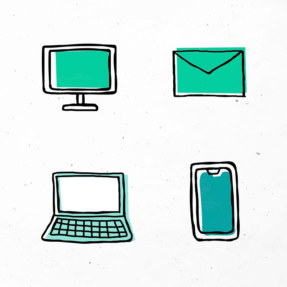 Green computers icons vector with doodle art design set