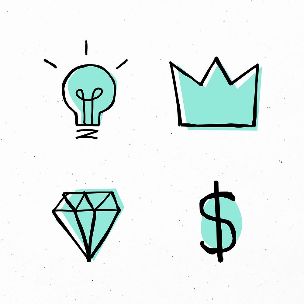 Green brainstorming psd icons with doodle art design set