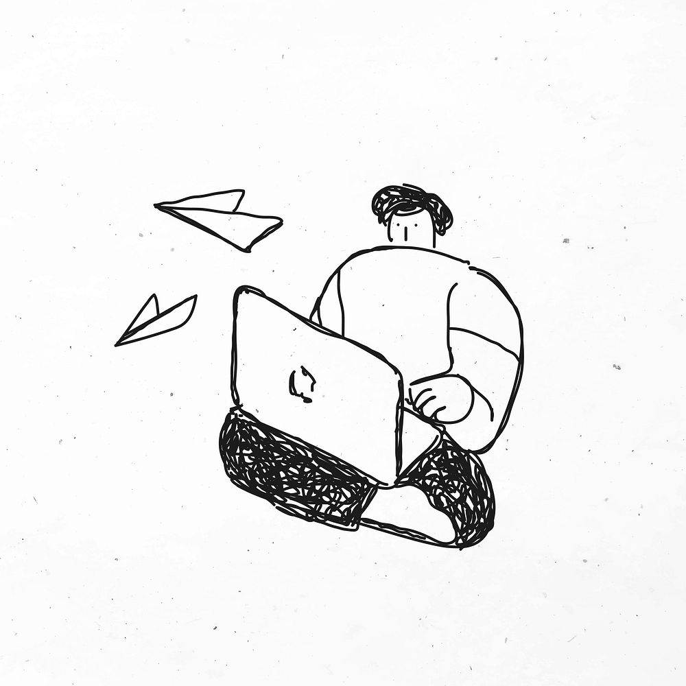 Hand drawn man playing laptop clipart