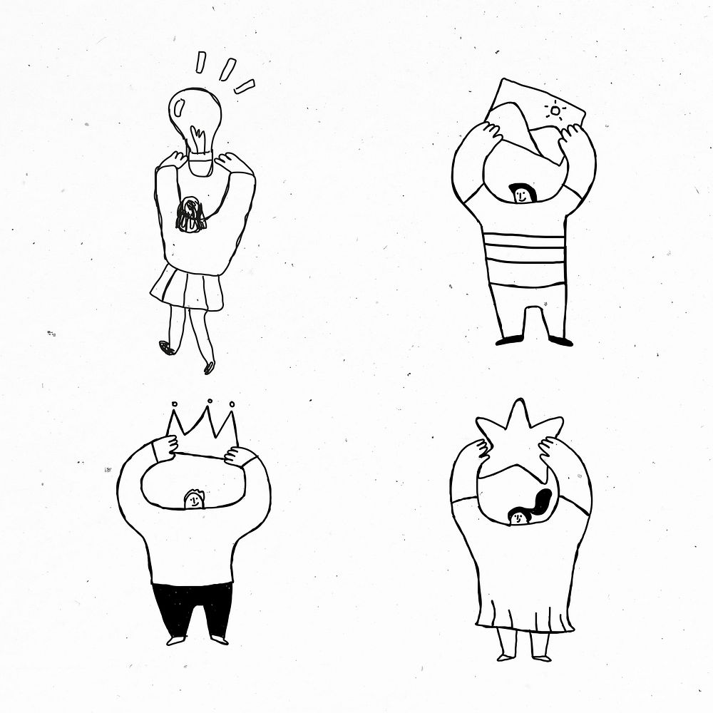 People holding their creativity psd cute doodle icons  set