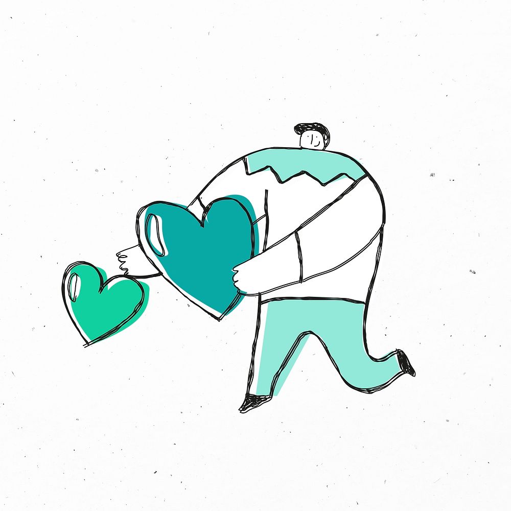 Man giving green hearts psd cartoon icon