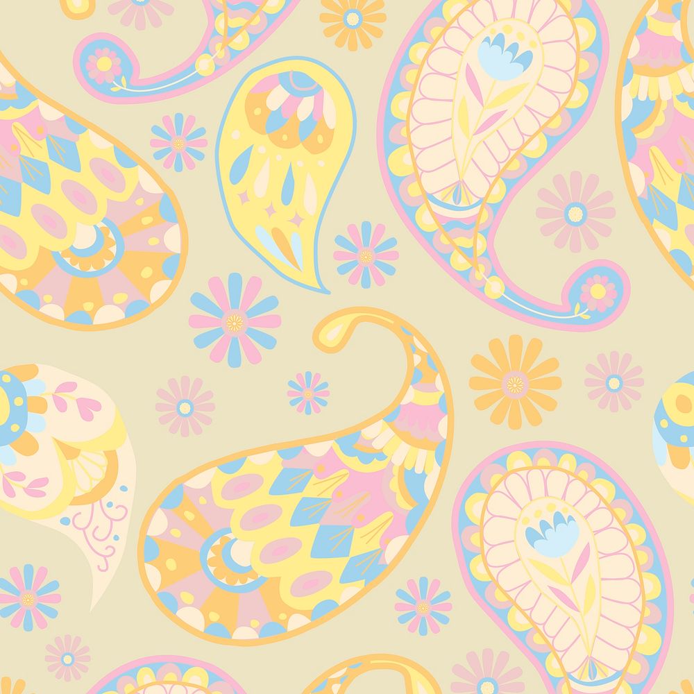 Pastel yellow paisley pattern psd seamless background