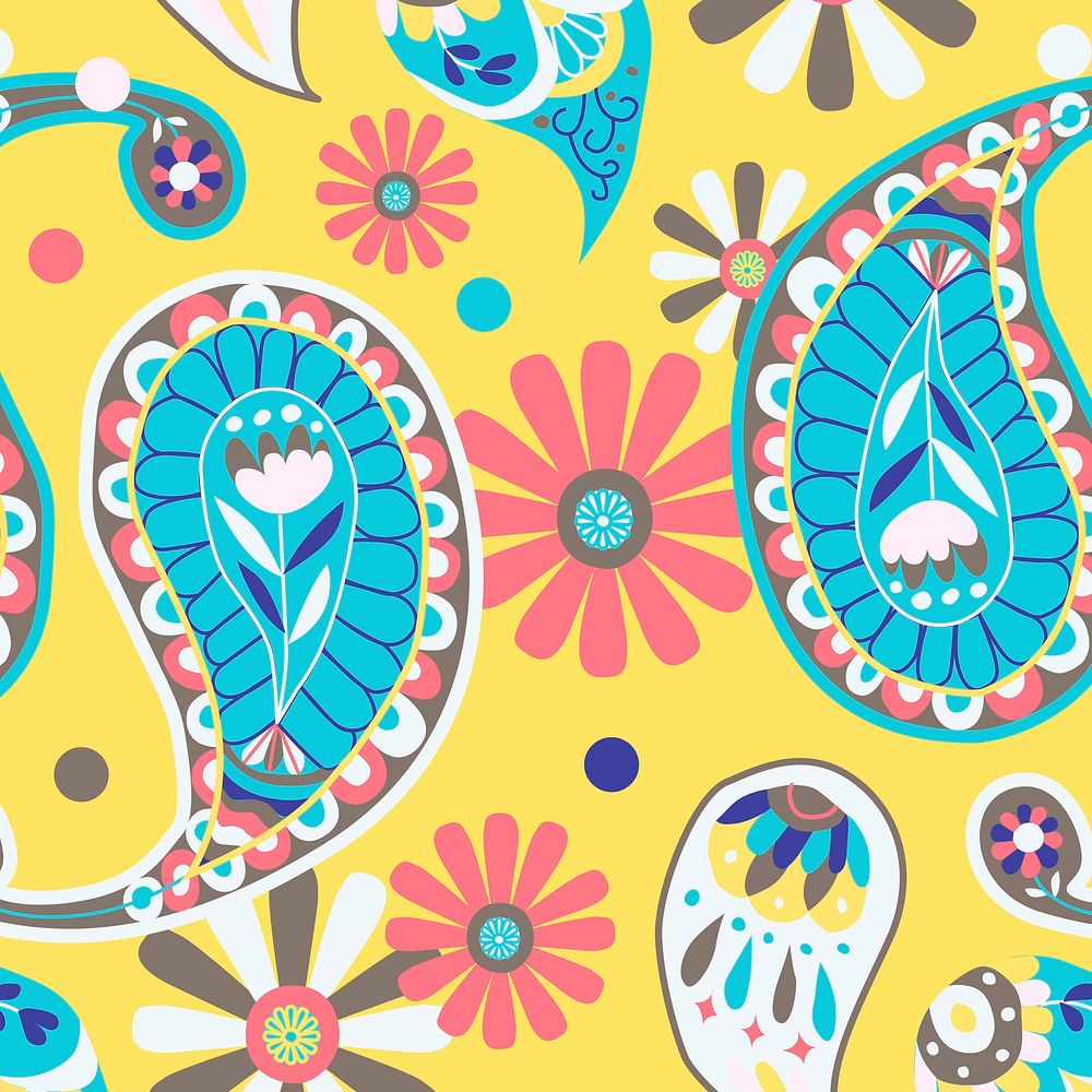 Vibrant yellow Indian vector paisley pattern seamless background