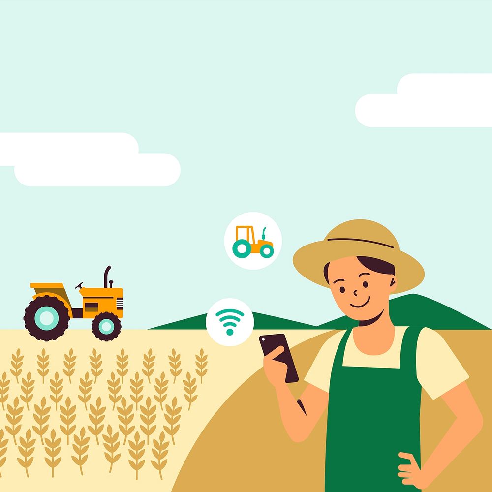 Farmer controlling smart tractor with a phone digital farming illustration