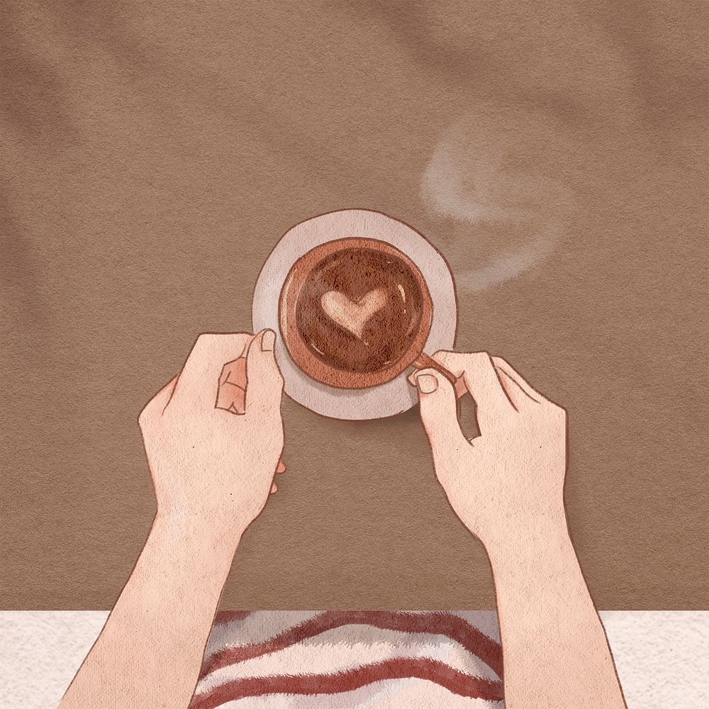 Cute latte art coffee flat lay hand drawn illustration social media post