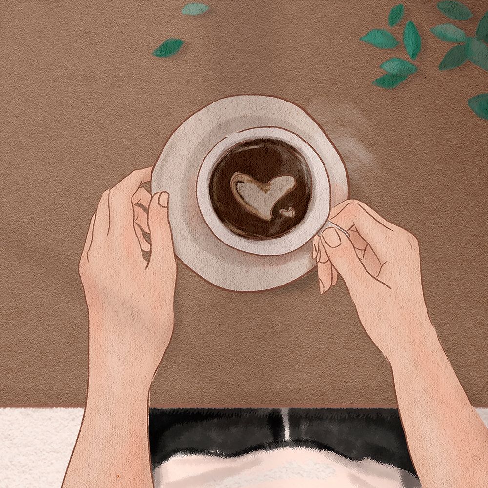 Americano coffee art heart flat lay hand drawn illustration social media post