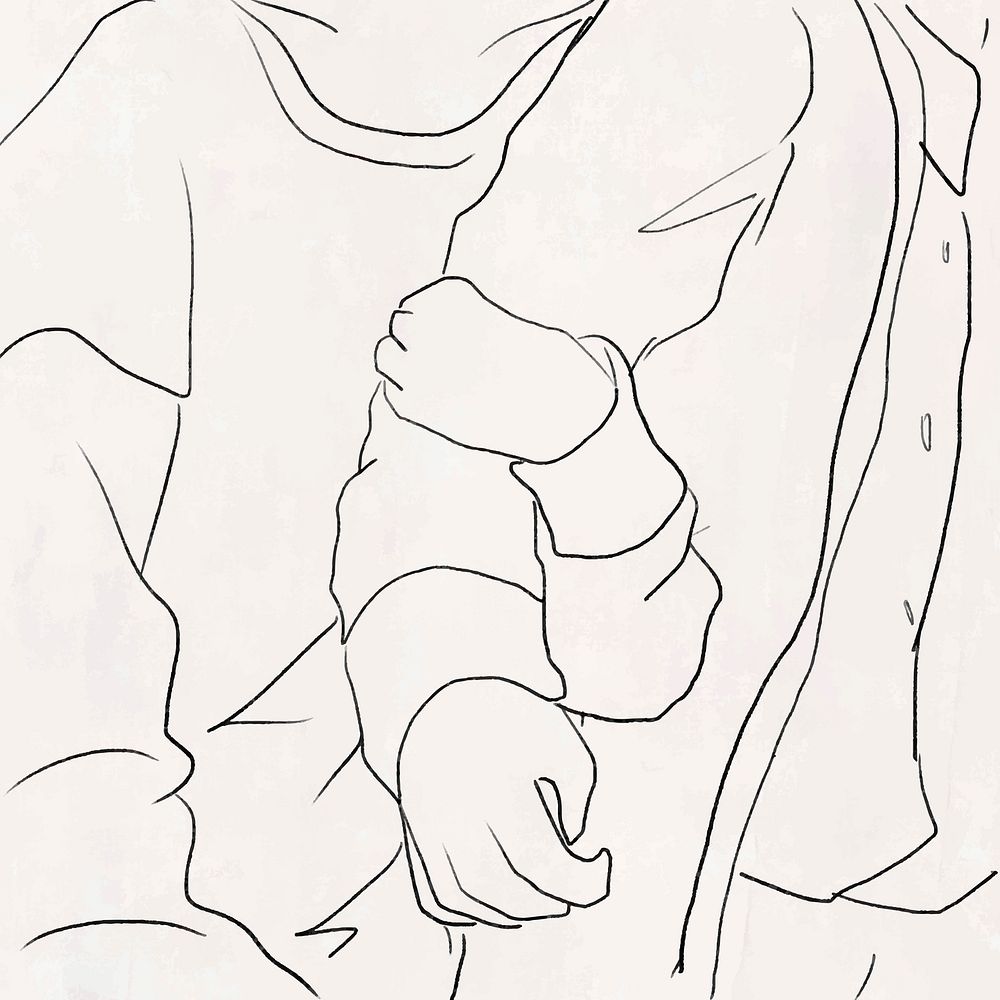 Girlfriend hugging boyfriend&rsquo;s arm vector Valentine&rsquo;s theme line drawing