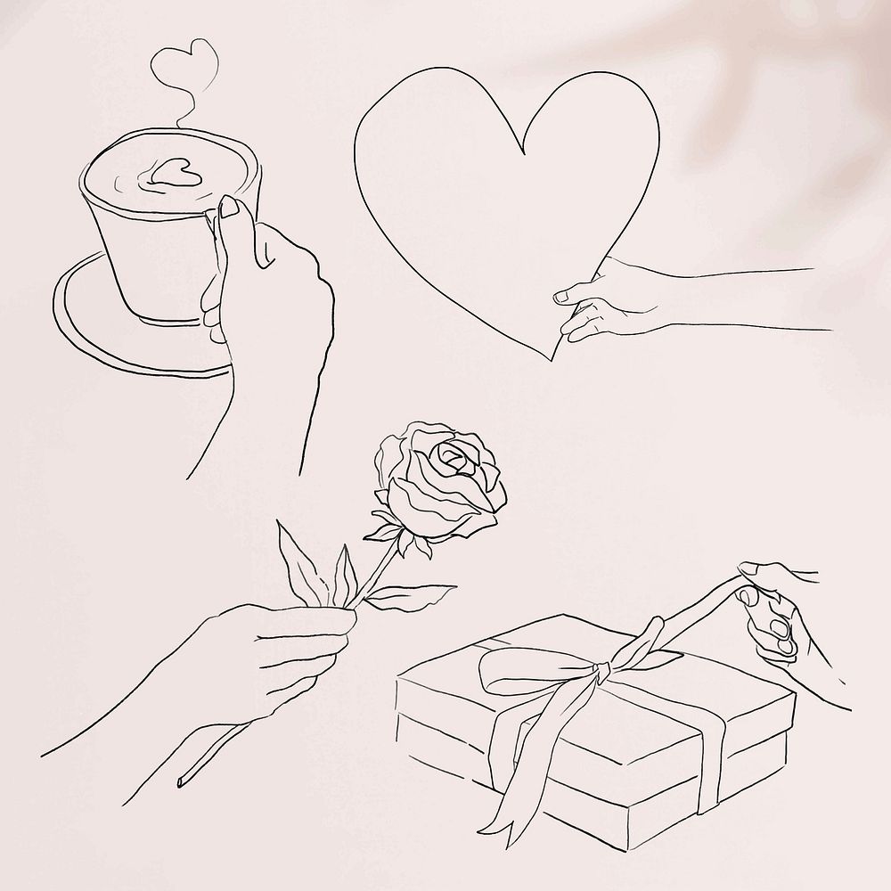 Cute Valentine&rsquo;s day design element vector black and white illustration set