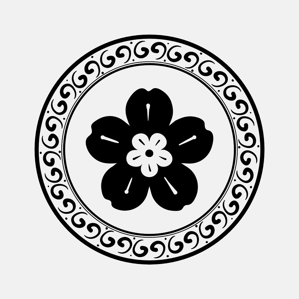 Black sakura flower badge psd Chinese traditional symbol