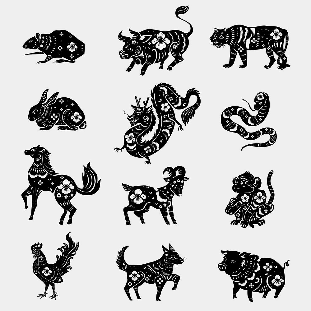 Chinese animal zodiac vector black new year stickers collection