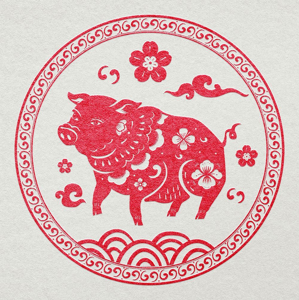 Chinese pig animal badge psd red new year design element