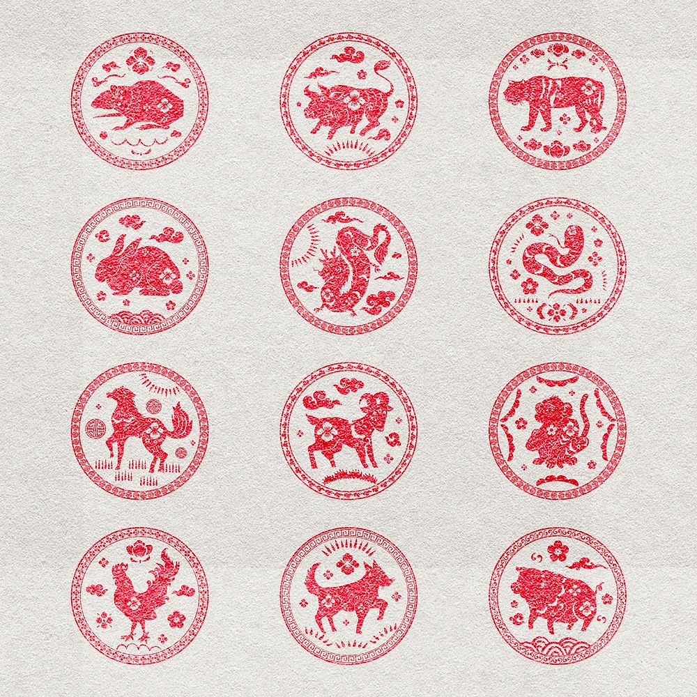 Chinese animal zodiac badges vector red new year stickers collection