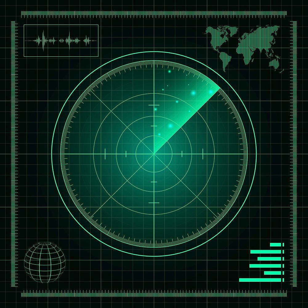 Radar screen world map psd in digital green army innovation