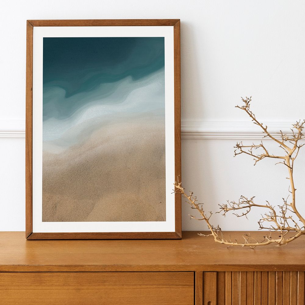 Aesthetic watercolor ocean background in wooden frame