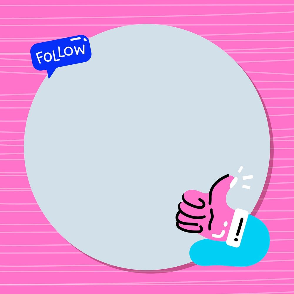 Follow me round vector frame in vivid pink with thumbs up