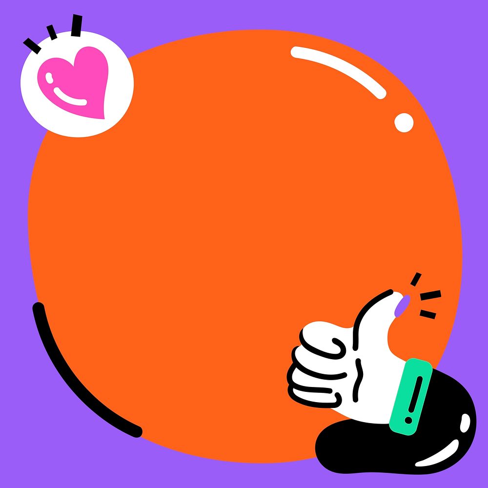 Purple frame vector with big orange bubble and thumbs up icon