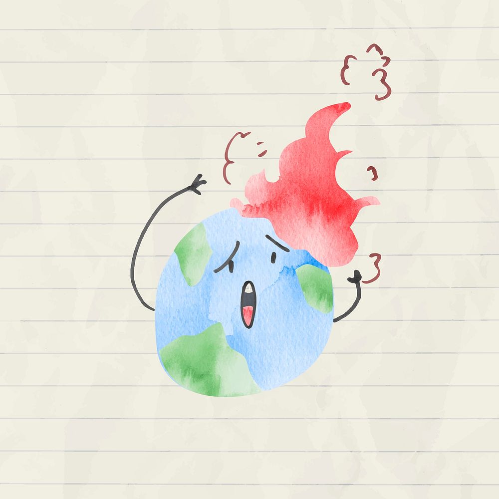 Global warming background vector with earth on fire in watercolor illustration                                        