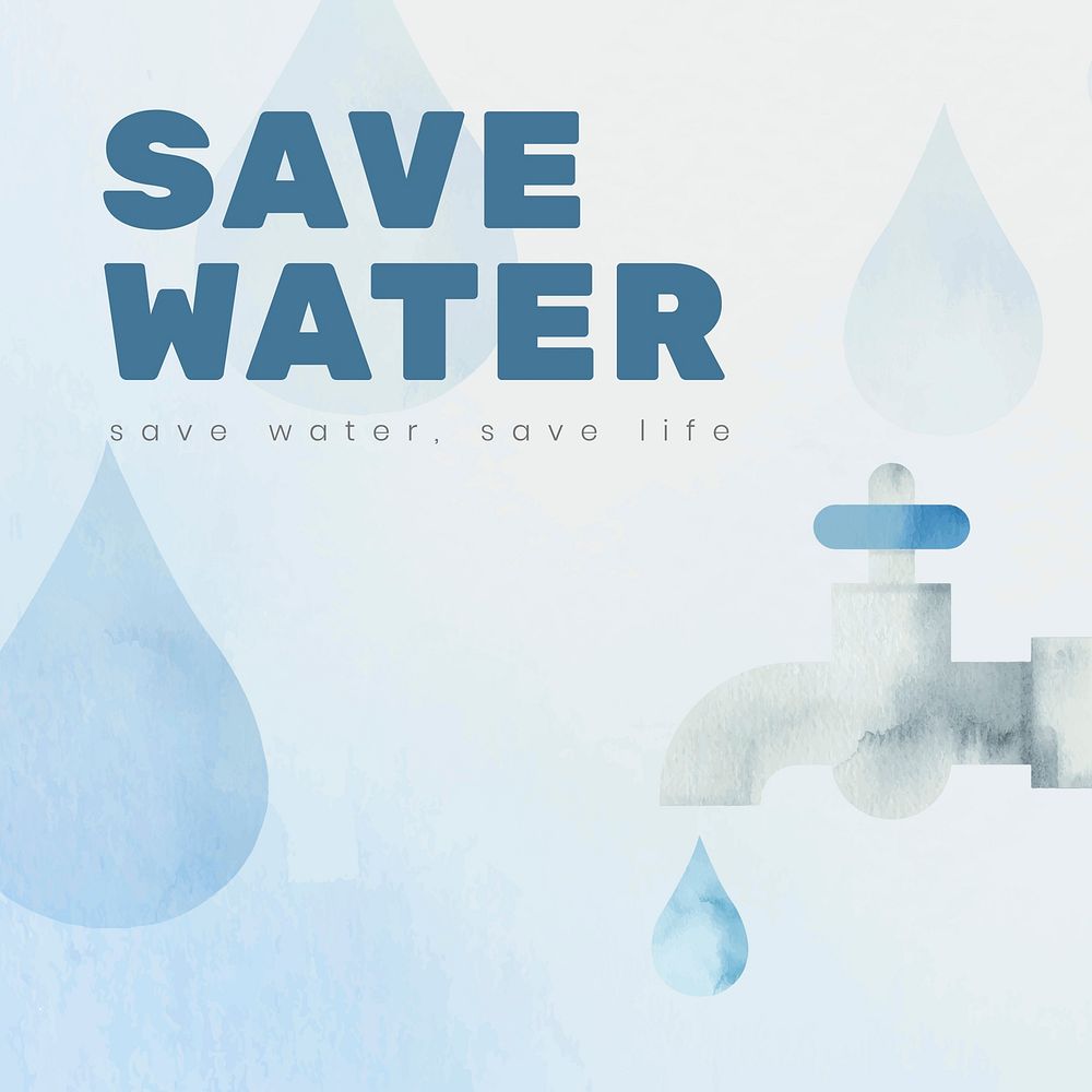 Editable environment template vector for social media post with save water text in watercolor
