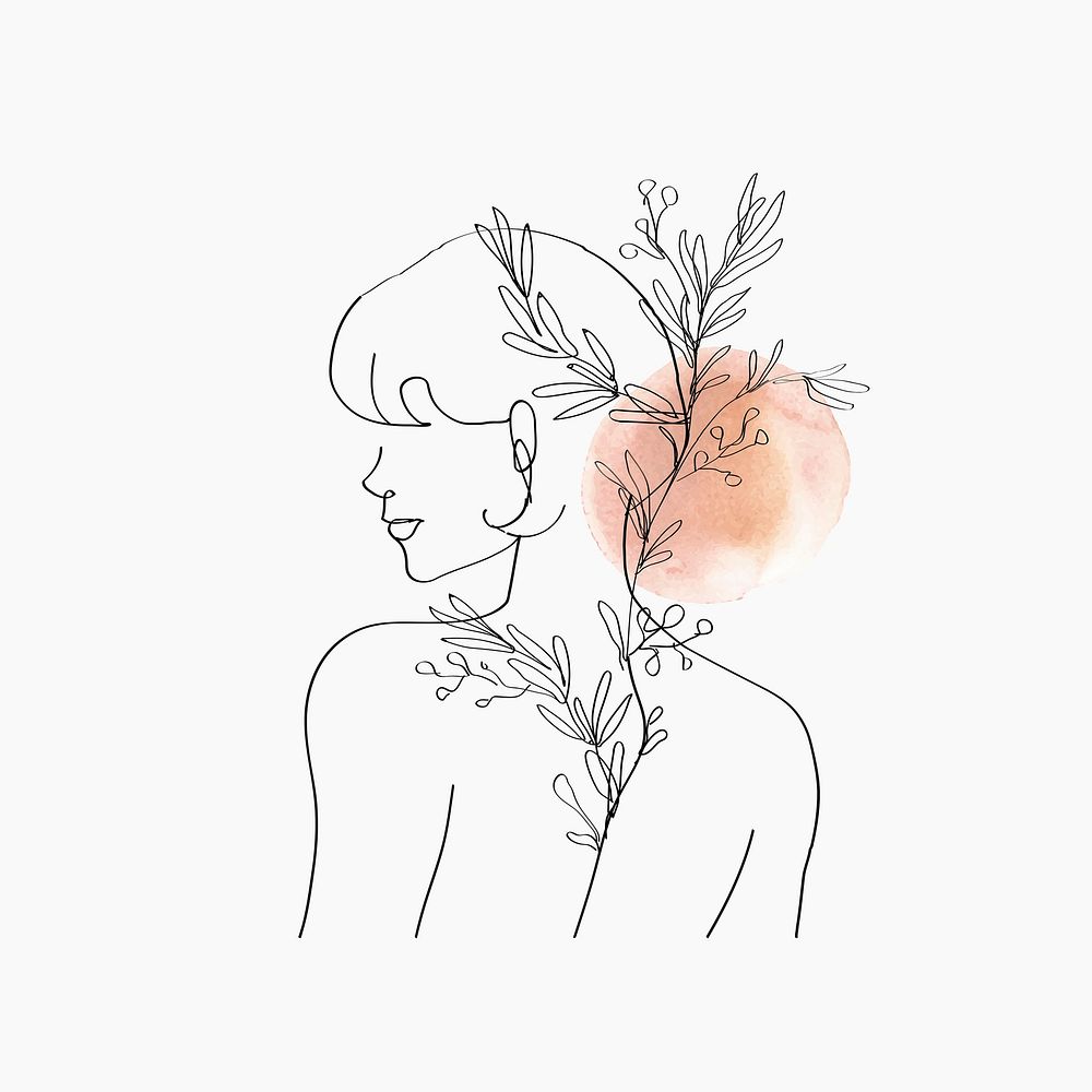 Aesthetic woman line art psd orange pastel in minimal botanical theme