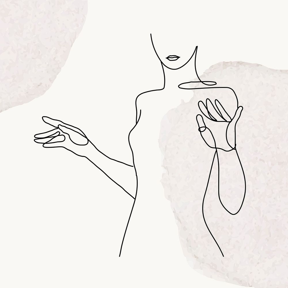 Woman&rsquo;s upper body psd line art illustration on gray pastel watercolor background