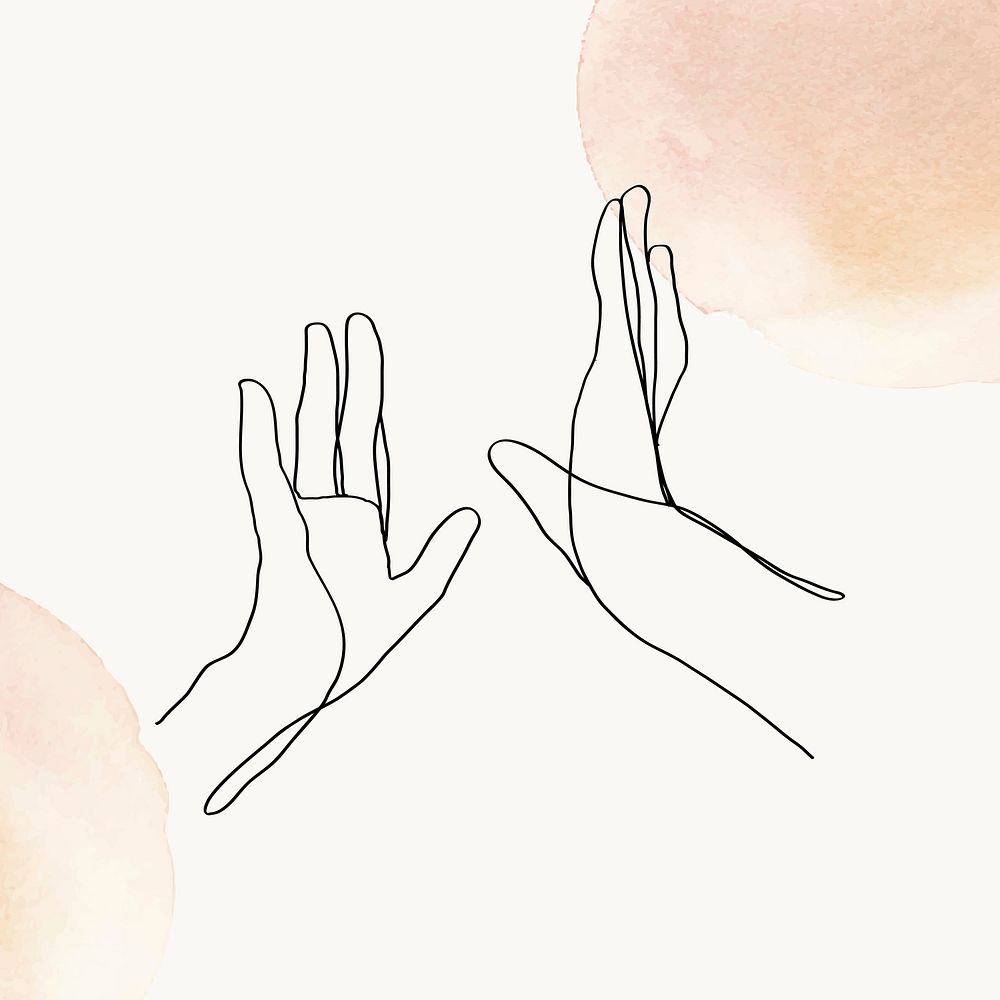 Feminine hands line art vector minimal illustration on orange pastel watercolor background