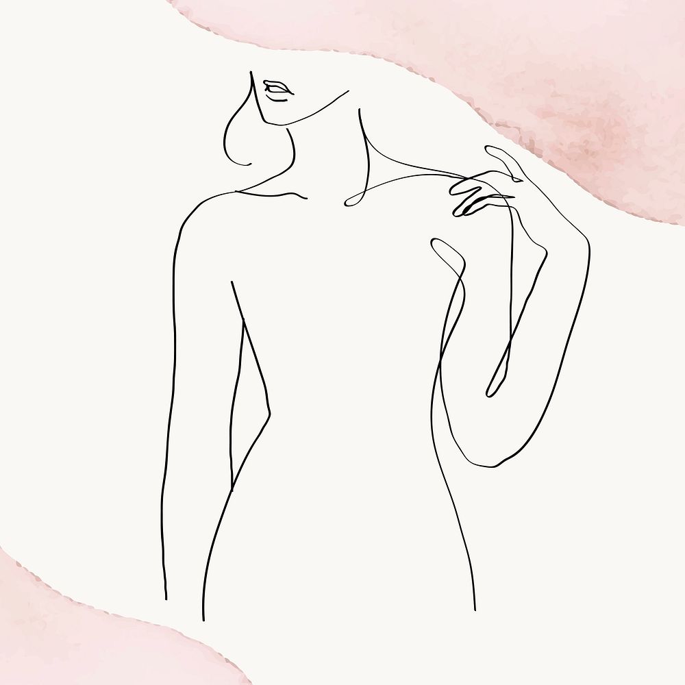 Woman&rsquo;s upper body line art illustration on pink pastel watercolor background