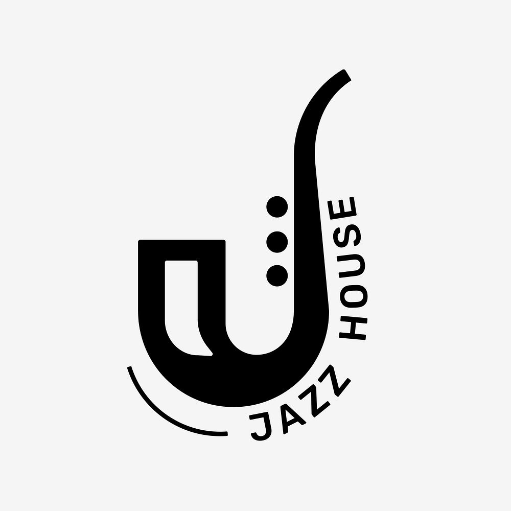 Saxophone music logo flat design with jazz house text in black and white