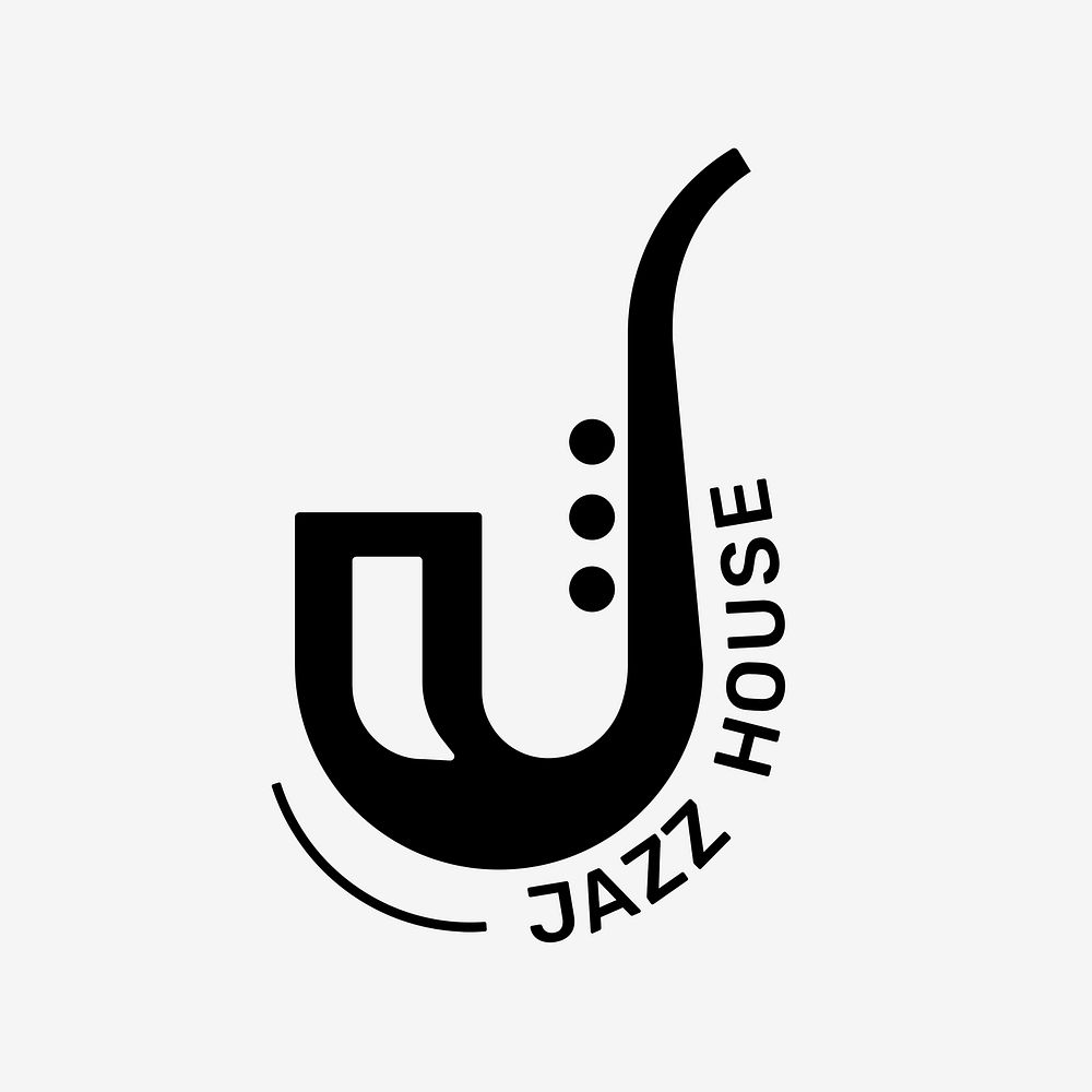 Saxophone music psd logo flat design with jazz house text in black and white