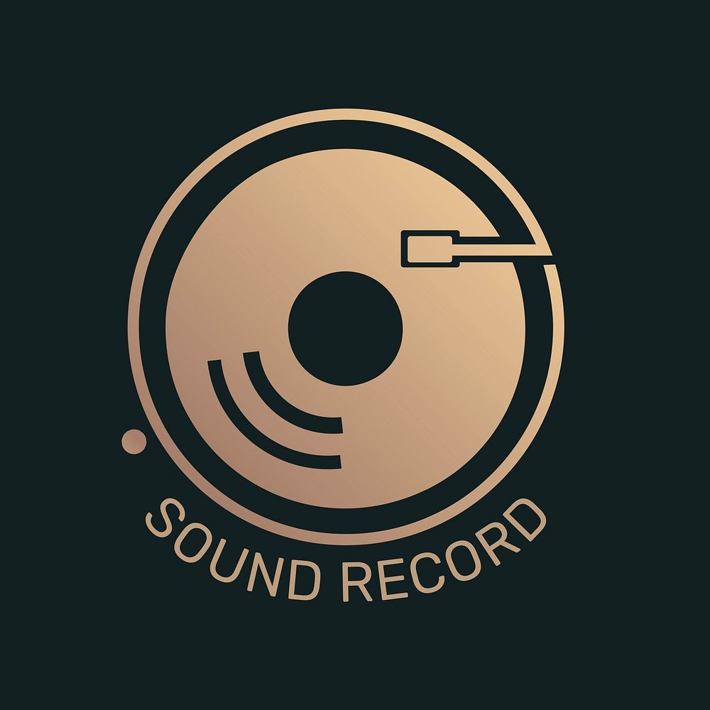 Vinyl record icon minimal design in black and gold with sound record text