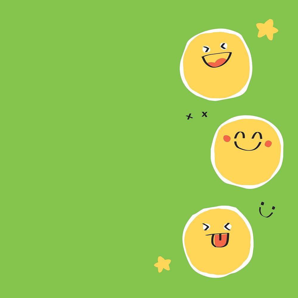 Cute background of doodle emojis on green