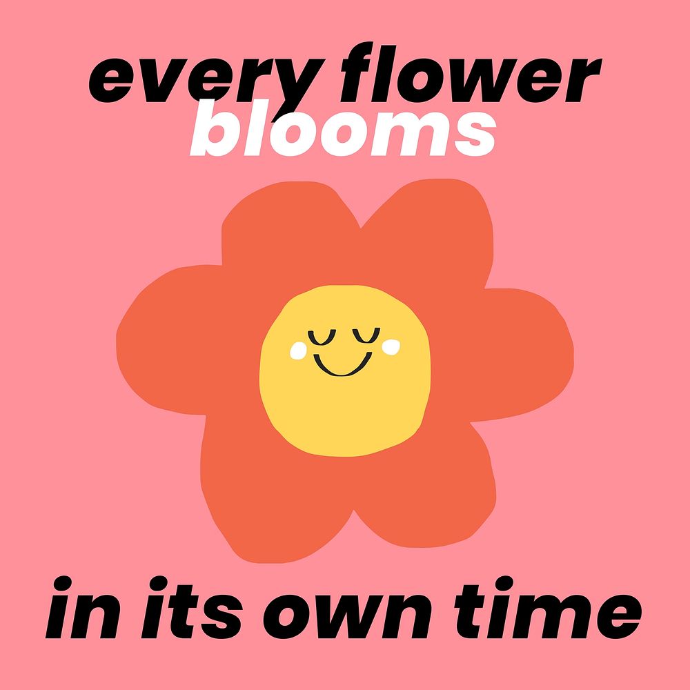 Self-growth quote with happy flower doodle emoticon social media post