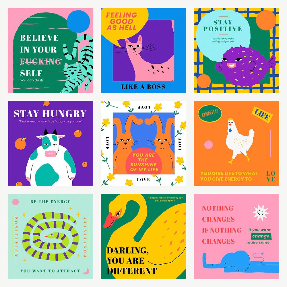 Colorful animal social template vector motivational quote set