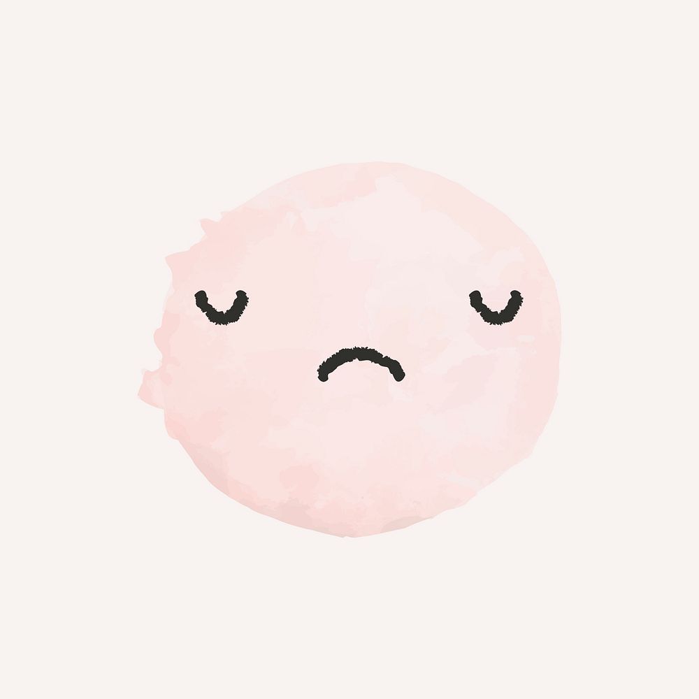 Cute watercolor emoticon with sad face in doodle style