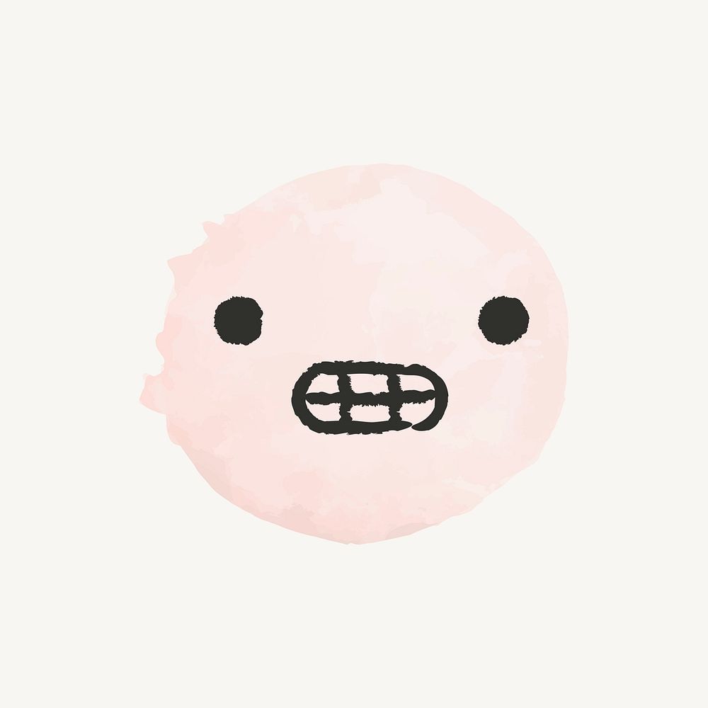 Cute watercolor emoticon with grimacing face in doodle style