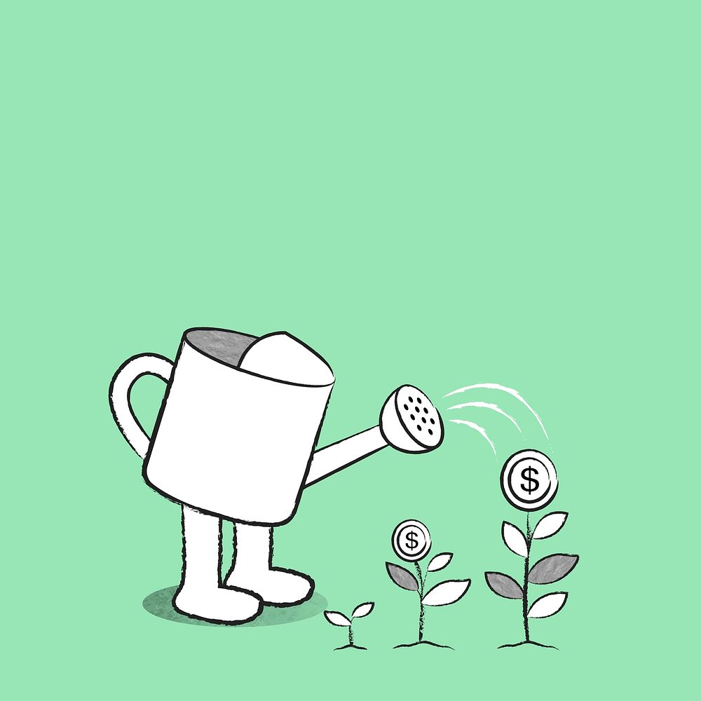 Green watering can background with doodle business growth illustration