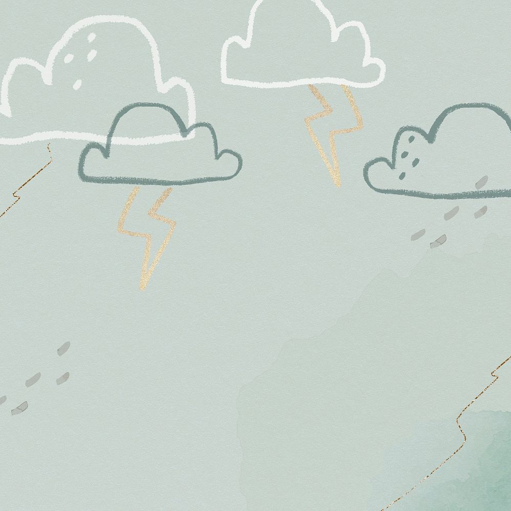 Thunder clouds background in green with glittery cute doodle illustration for kids
