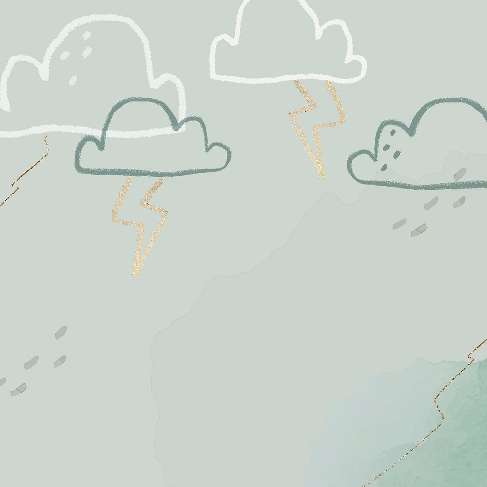 Thunder clouds background vector in green with glittery cute doodle illustration for kids