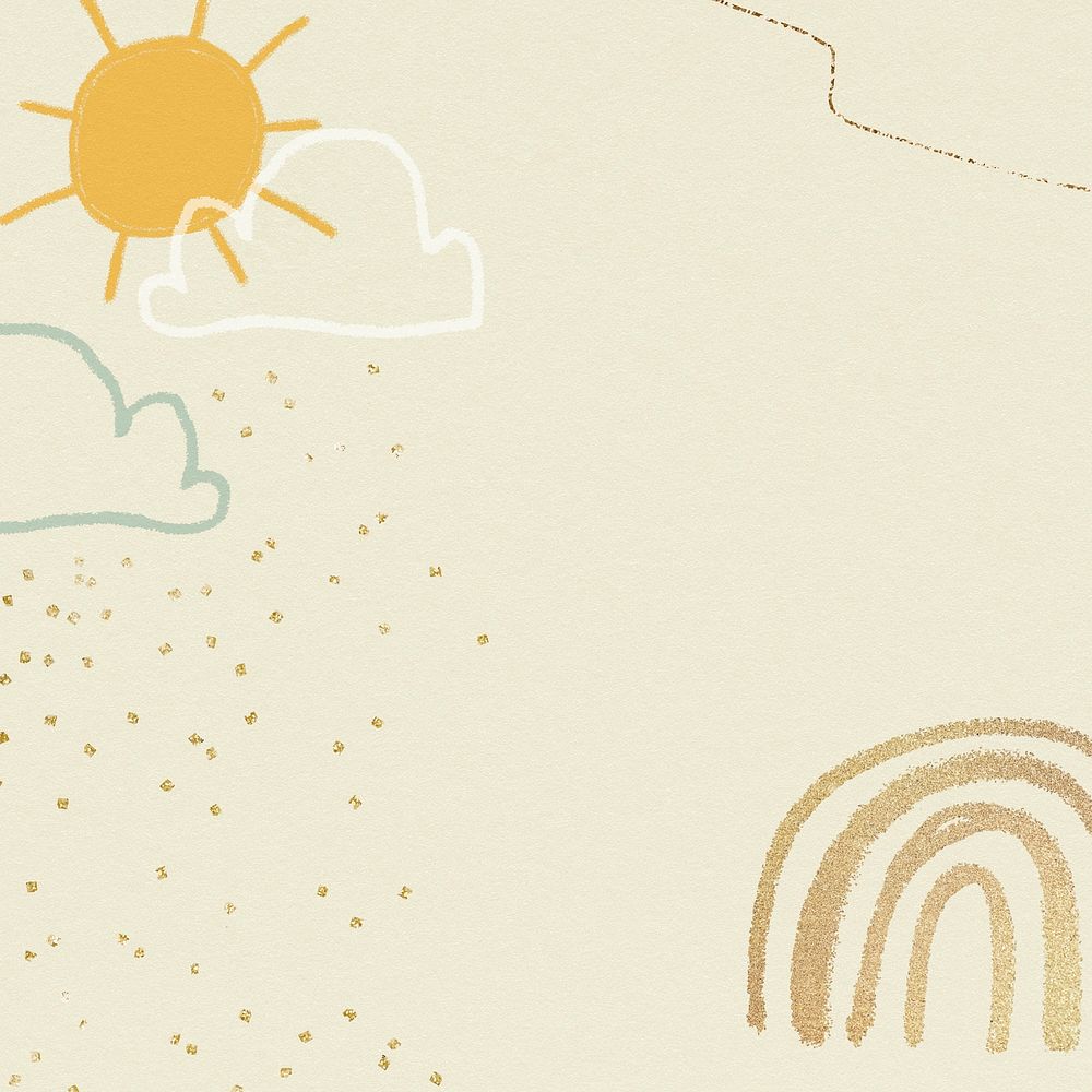 Sunny weather background in pastel yellow with glittery cute doodle illustration for kids