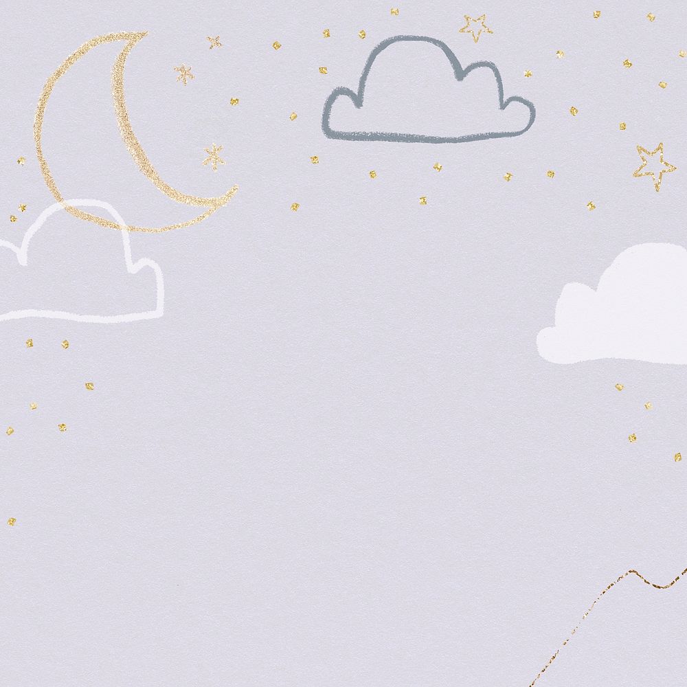 Night sky background in purple with moon stars and clouds doodle illustration