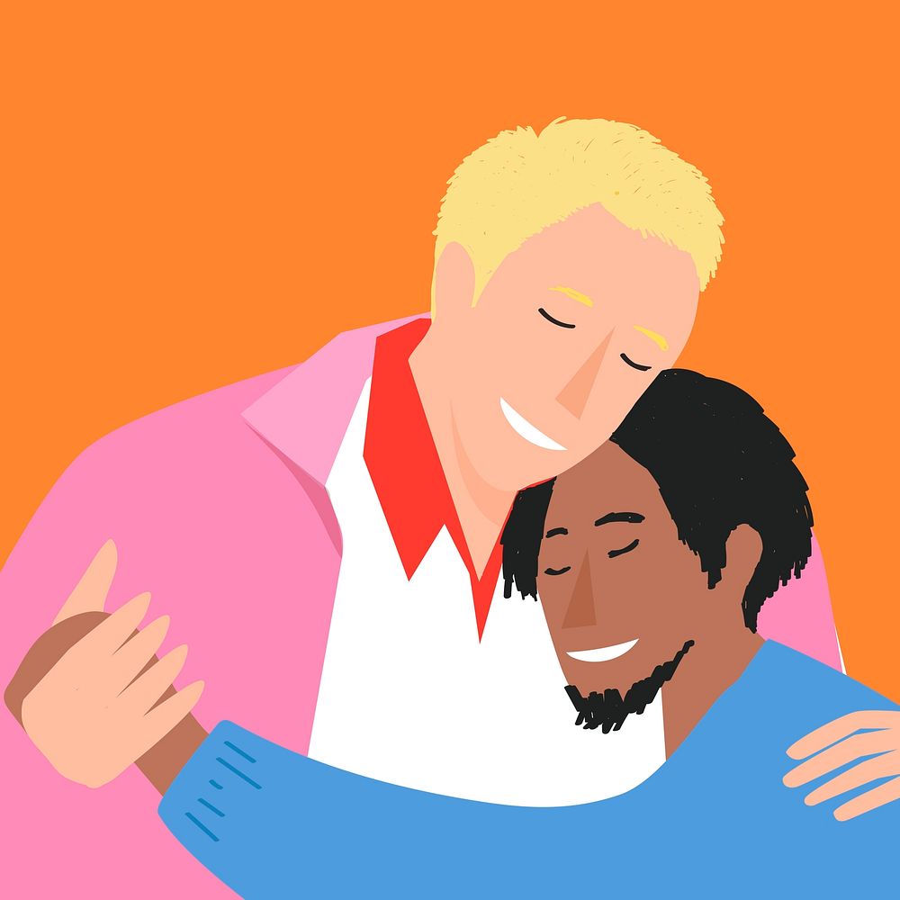 Interracial gay couple hugging each other lovingly